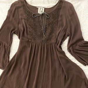 PPLA oversized boho long sleeve embroidered tunic, brown